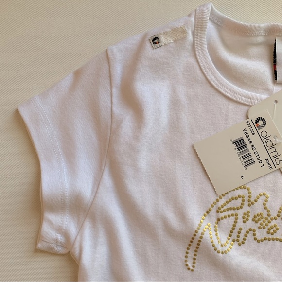 Akdmks White T Shirt Gold Tone Letters Glitter Studs Sz L NWT - Picture 5 of 11